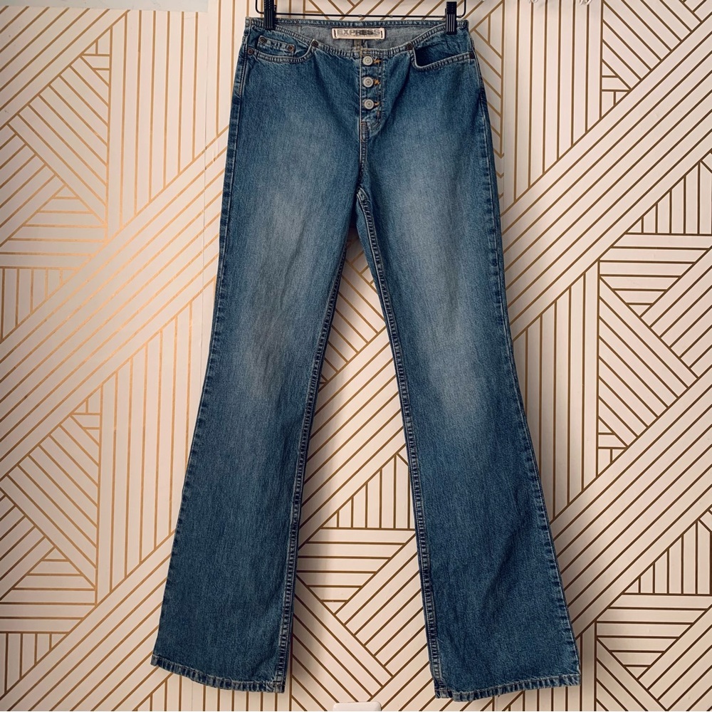 Express Vintage Low Rise exposed Button Fly Hipster Flare Jeans Y2K 2000s 3/4